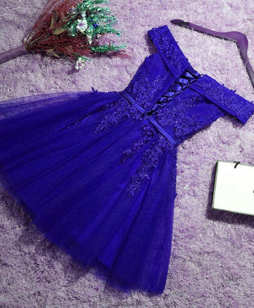 Off the Shoulder Blue Lace Prom Dresses, Off Shoulder Blue Homecoming Dresses, Short Blue Lace Formal Evening Dresses EP1438