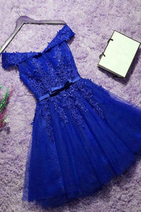 Off the Shoulder Blue Lace Prom Dresses, Off Shoulder Blue Homecoming Dresses, Short Blue Lace Formal Evening Dresses EP1438