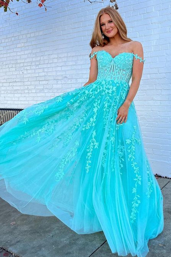 Off the Shoulder Blue Lace Prom Dresses, Off Shoulder Blue Lace Formal