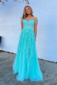Off the Shoulder Blue Lace Prom Dresses, Off Shoulder Blue Lace Formal Evening Dresses