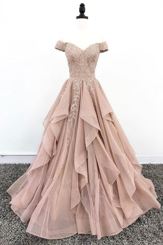 Off the Shoulder Champagne Lace Prom Dresses, Off Shoulder Champagne Lace Formal Evening Dresses