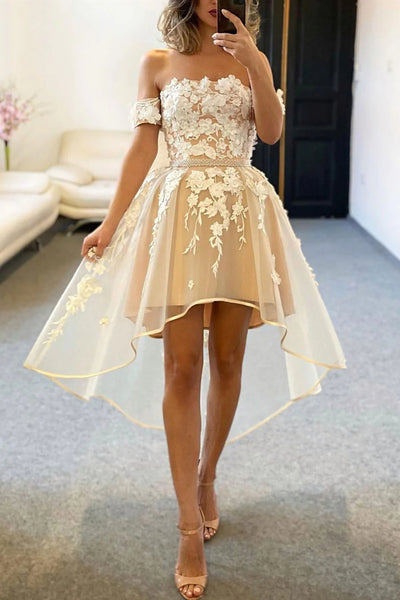 Off the Shoulder High Low Champagne Lace Prom Dresses, High Low Champagne Lace Formal Homecoming Dresses