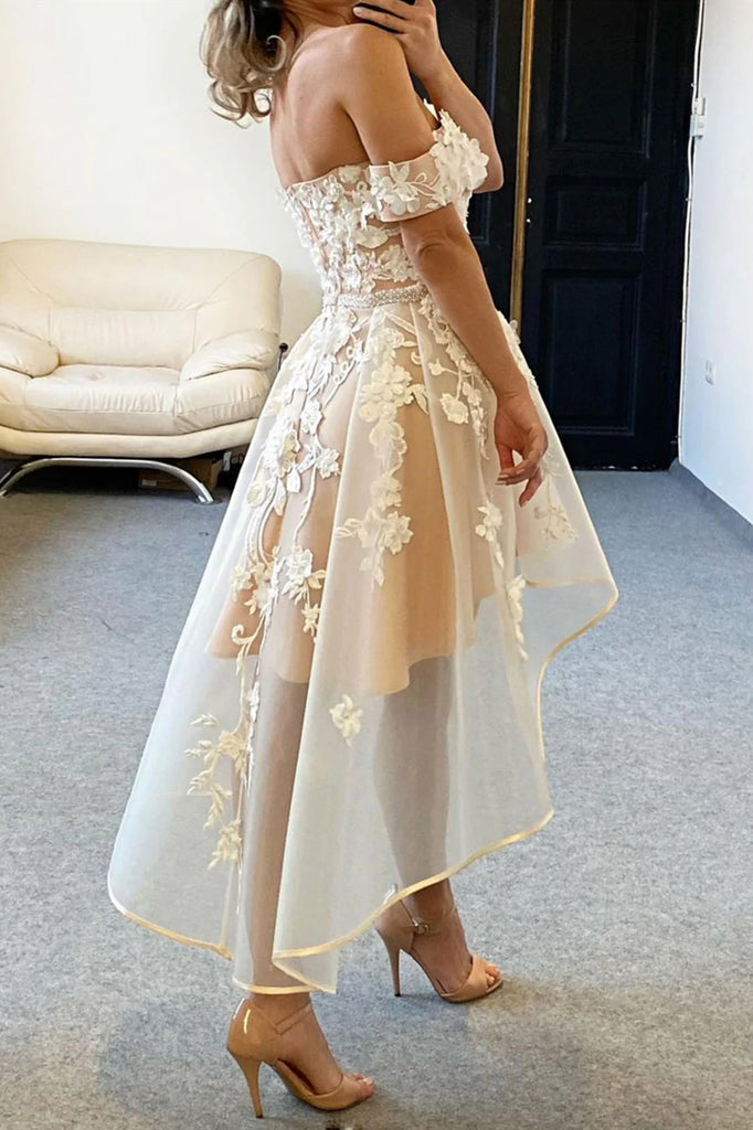 Off the Shoulder High Low Champagne Lace Prom Dresses High Low