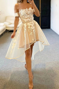 Off the Shoulder High Low Champagne Lace Prom Dresses, High Low Champagne Lace Formal Homecoming Dresses