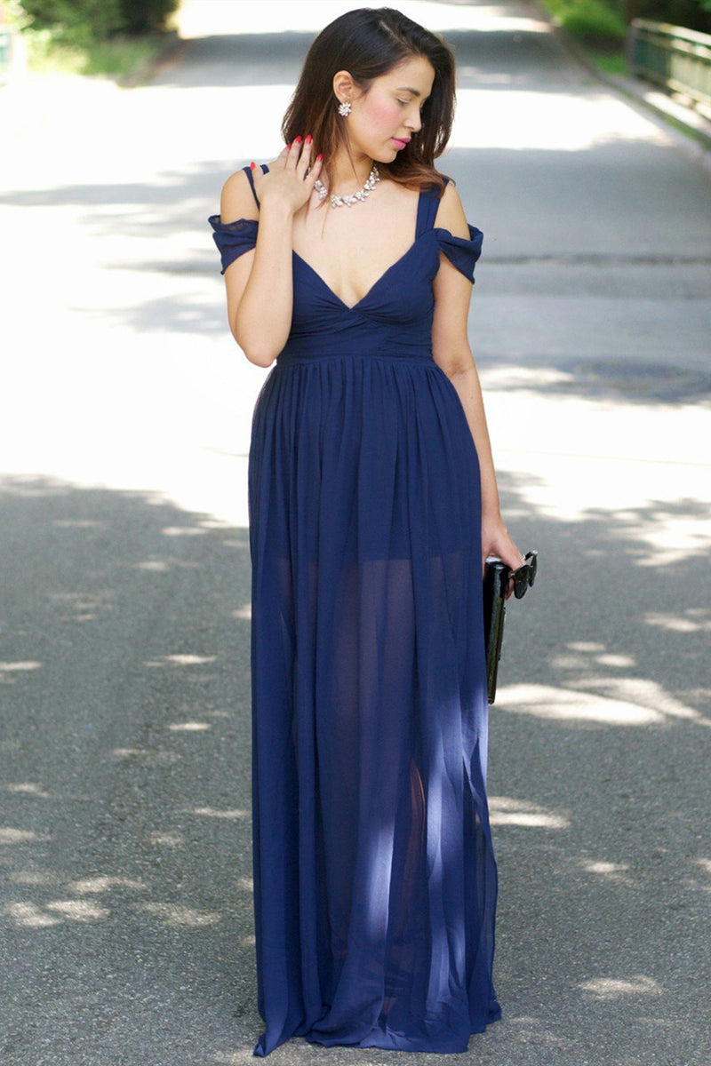 Off the Shoulder Navy Blue Long Prom Dresses with Slit, Off Shoulder N ...