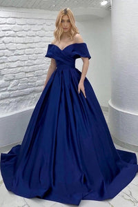 Off the Shoulder Navy Blue Satin Long Prom Gown, Navy Blue Off Shoulder Formal Evening Dresses