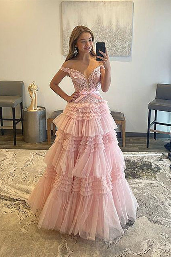 Off the Shoulder Pink Lace Prom Dresses, Off Shoulder Pink Tulle