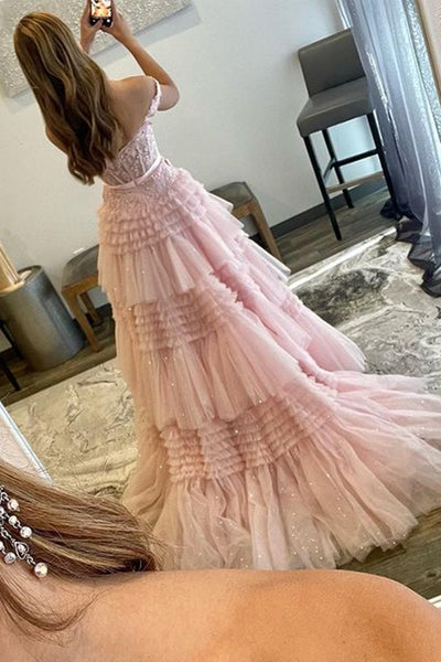 Off the Shoulder Pink Lace Prom Dresses, Off Shoulder Pink Tulle Lace Formal Evening Dresses