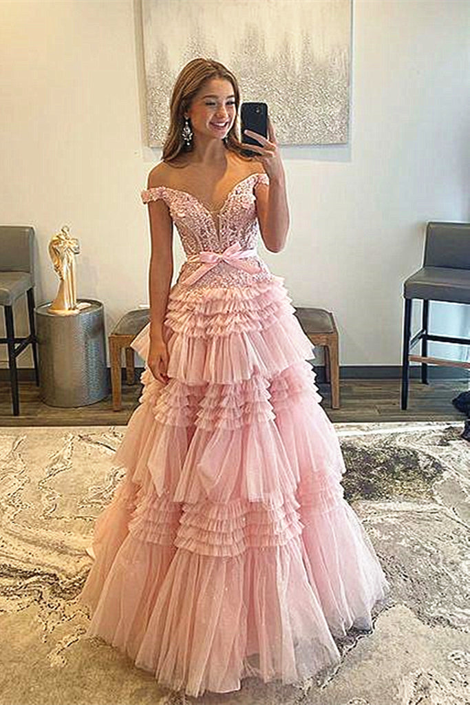 Off the Shoulder Pink Lace Prom Dresses, Off Shoulder Pink Tulle Lace – Eip  Collection