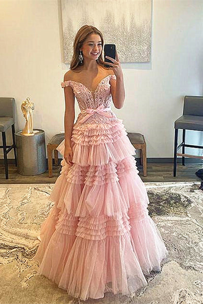 Off the Shoulder Pink Lace Prom Dresses, Off Shoulder Pink Tulle Lace Formal Evening Dresses