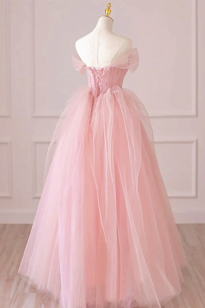 Off the Shoulder Pink Tulle Prom Dresses, Pink Tulle Long Formal Gradu Eip Collection Off the Shoulder Pink Tulle Prom Dresses, Pink Tulle Long Formal Gradu Eip Collection