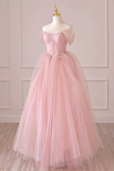 Off the Shoulder Pink Tulle Prom Dresses, Pink Tulle Long Formal Graduation Dresses