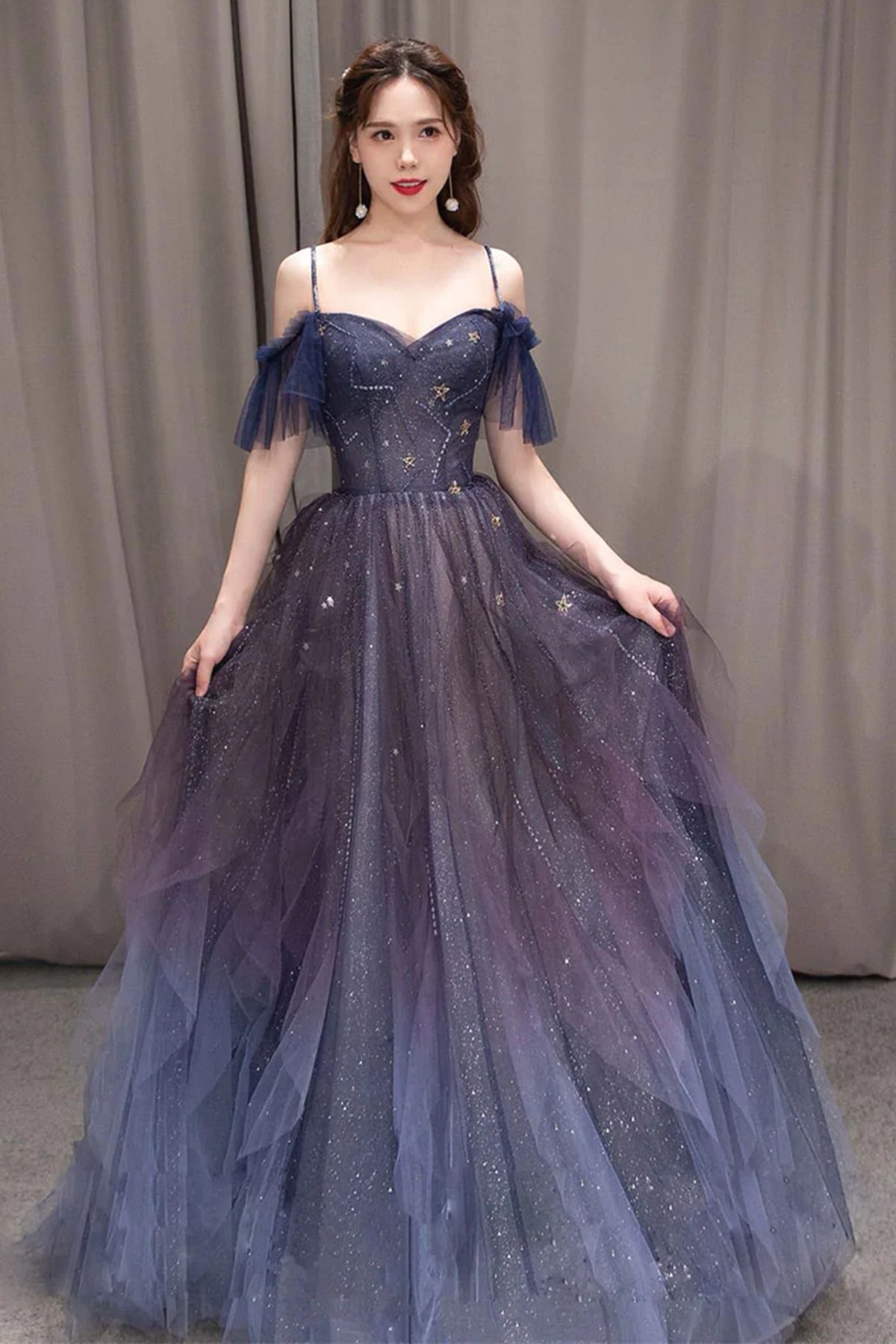 Off the Shoulder Purple Ombre Tulle Long Prom Dresses, Off Shoulder Purple Ombre Tulle Long Formal Evening Dresses