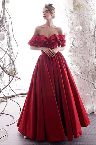 Off the Shoulder Red Satin Long Prom Dresses, Off Shoulder Red Formal Evening Dresses, Red Bridesmaid Dresses EP1330