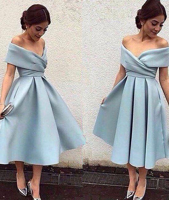 Off the Shoulder Short Blue Prom Dresses, Tea Length Sky Blue Formal H –  Eip Collection