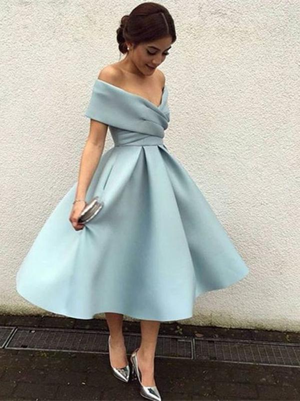 Off the Shoulder Short Blue Prom Dresses, Tea Length Sky Blue Formal Homecoming Dresses