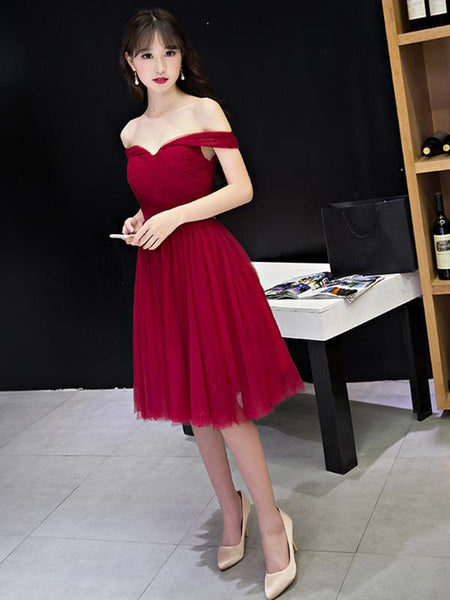 Off the Shoulder Short Burgundy Prom Dresses, Short Wine Red Formal Bridesmaid Dresses