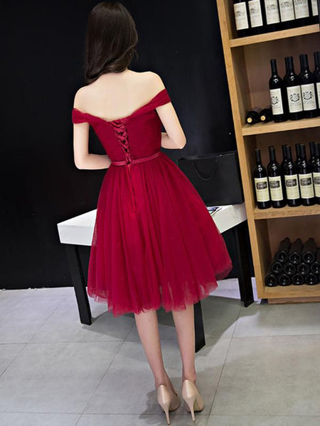 Off the Shoulder Short Burgundy Prom Dresses, Short Wine Red Formal Bridesmaid Dresses