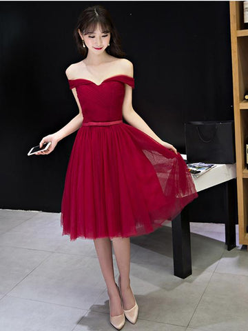 Off the Shoulder Short Burgundy Prom Dresses, Short Wine Red Formal Bridesmaid Dresses