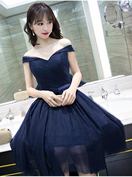 Off the Shoulder Short Navy Blue Prom Dresses, Dark Navy Blue Formal Bridesmaid Dresses