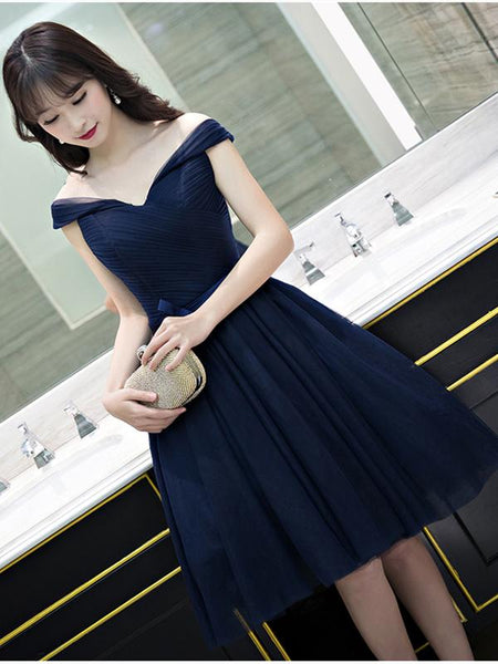Off the Shoulder Short Navy Blue Prom Dresses, Dark Navy Blue Formal Bridesmaid Dresses