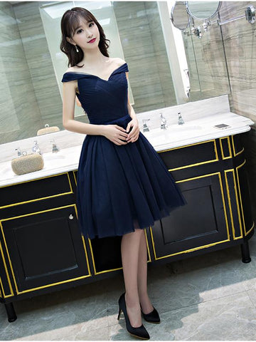 Off the Shoulder Short Navy Blue Prom Dresses, Dark Navy Blue Formal Bridesmaid Dresses