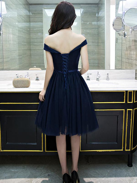 Off the Shoulder Short Navy Blue Prom Dresses, Dark Navy Blue Formal Bridesmaid Dresses