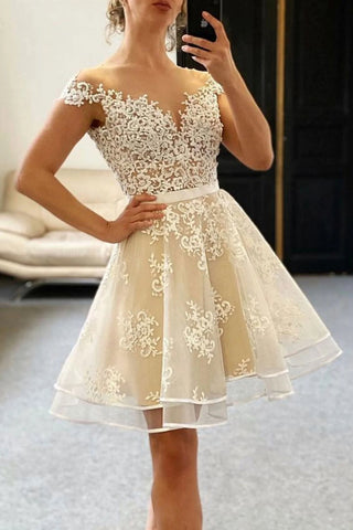 Off the Shoulder Short Light Champagne Lace Prom Dresses, Short Lace Formal Homecoming Dresses