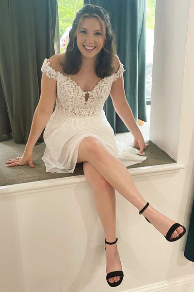 Off the Shoulder Short White Lace Prom Dresses, Short White Lace Formal Homecoming Dresses