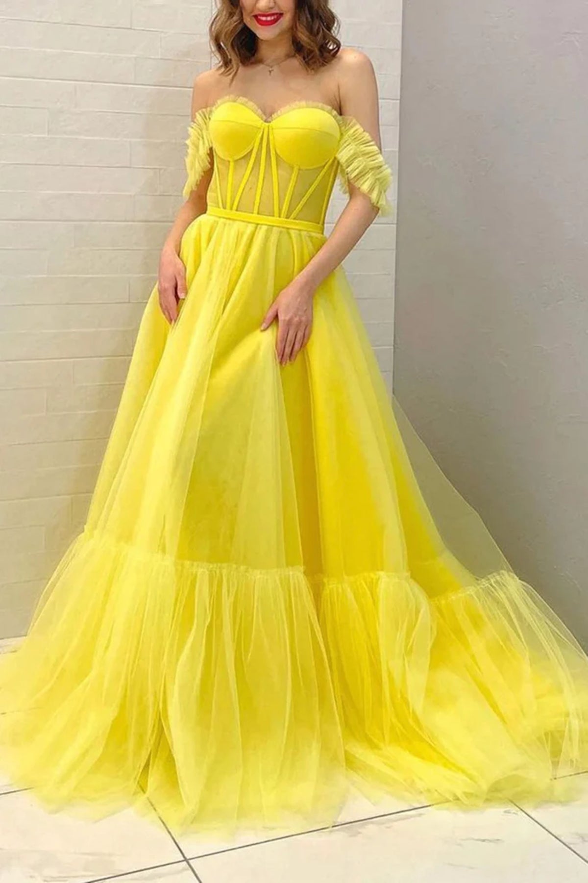 Off the Shoulder Yellow Tulle Long Prom Dresses, Yellow Off Shoulder Long Formal Evening Dresses