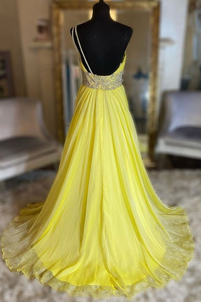 One Shoulder Backless Beaded Yellow Long Prom Dresses with Slit, Backl Eip Collection One Shoulder Backless Beaded Yellow Long Prom Dresses with Slit, Backl Eip Collection
