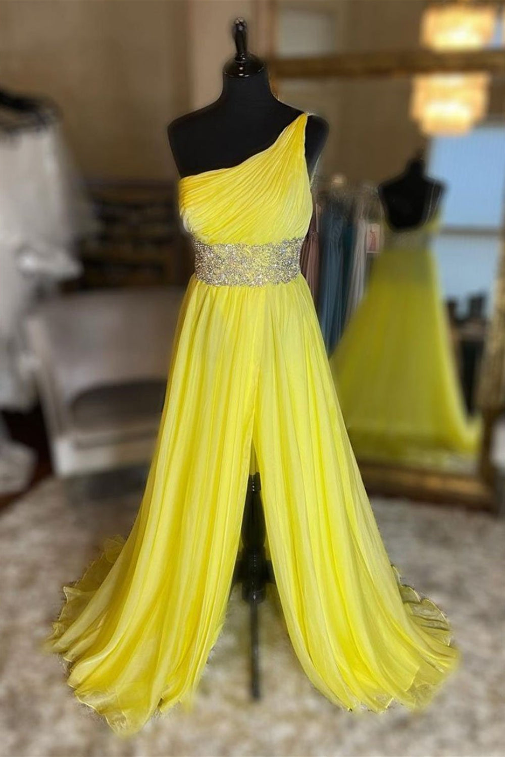 One Shoulder Backless Beaded Yellow Long Prom Dresses with Slit, Backless Yellow Formal Evening Dresses