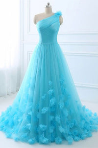 One Shoulder Blue Floral Long Prom Dresses, One Shoulder Blue Formal Dresses, 3D Flowers Blue Evening Dresses EP1405