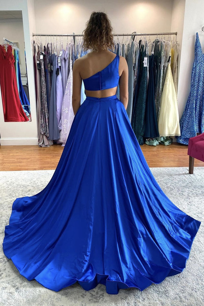 One Shoulder Blue Satin Long Prom Dresses with High Slit, One Shoulder Eip Collection One Shoulder Blue Satin Long Prom Dresses with High Slit, One Shoulder Eip Collection