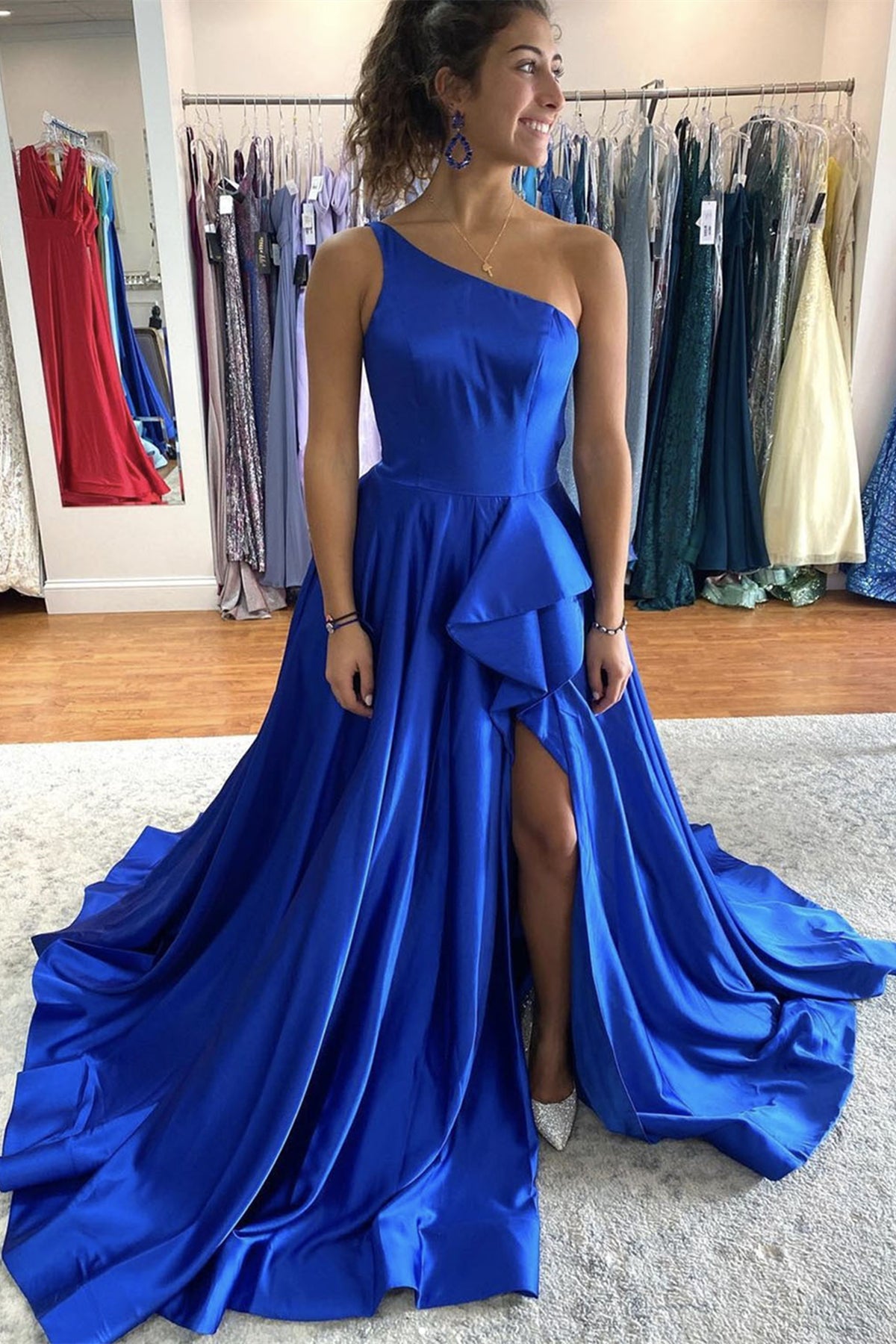 One Shoulder Blue Satin Long Prom Dresses with High Slit, One Shoulder Eip Collection One Shoulder Blue Satin Long Prom Dresses with High Slit, One Shoulder Eip Collection