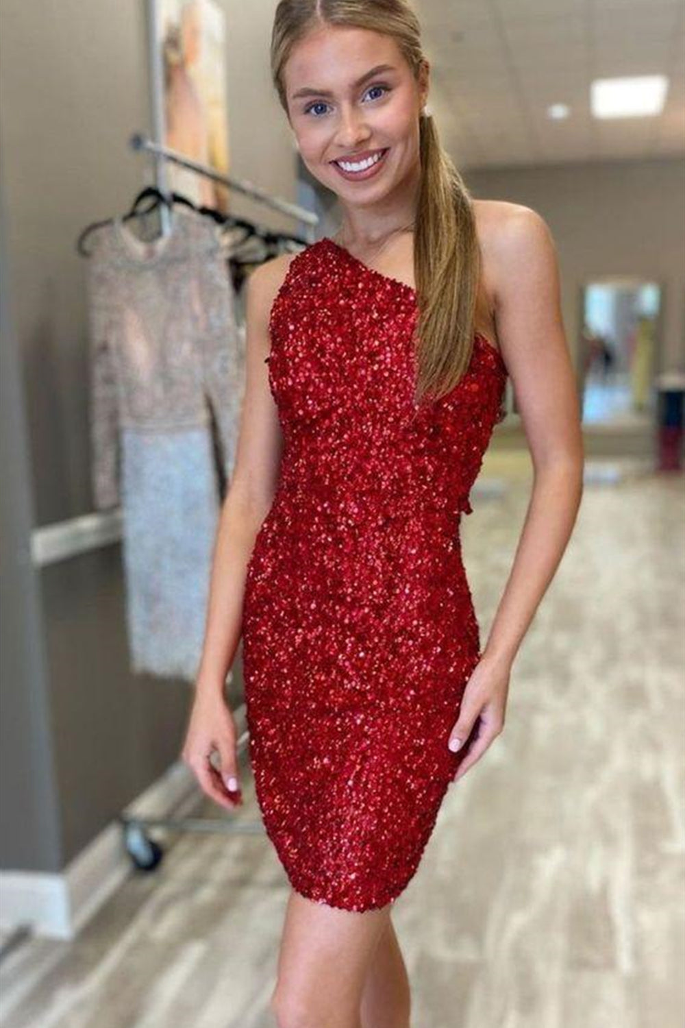 One Shoulder Burgundy Sequins Short Prom Dresses, Burgundy Sequins Hom Eip Collection One Shoulder Burgundy Sequins Short Prom Dresses, Burgundy Sequins Hom Eip Collection