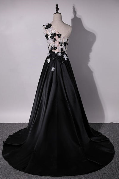 One Shoulder Floral Black Long Prom Dresses, Black Floral Formal Dresses, Black Evening Dresses EP1632