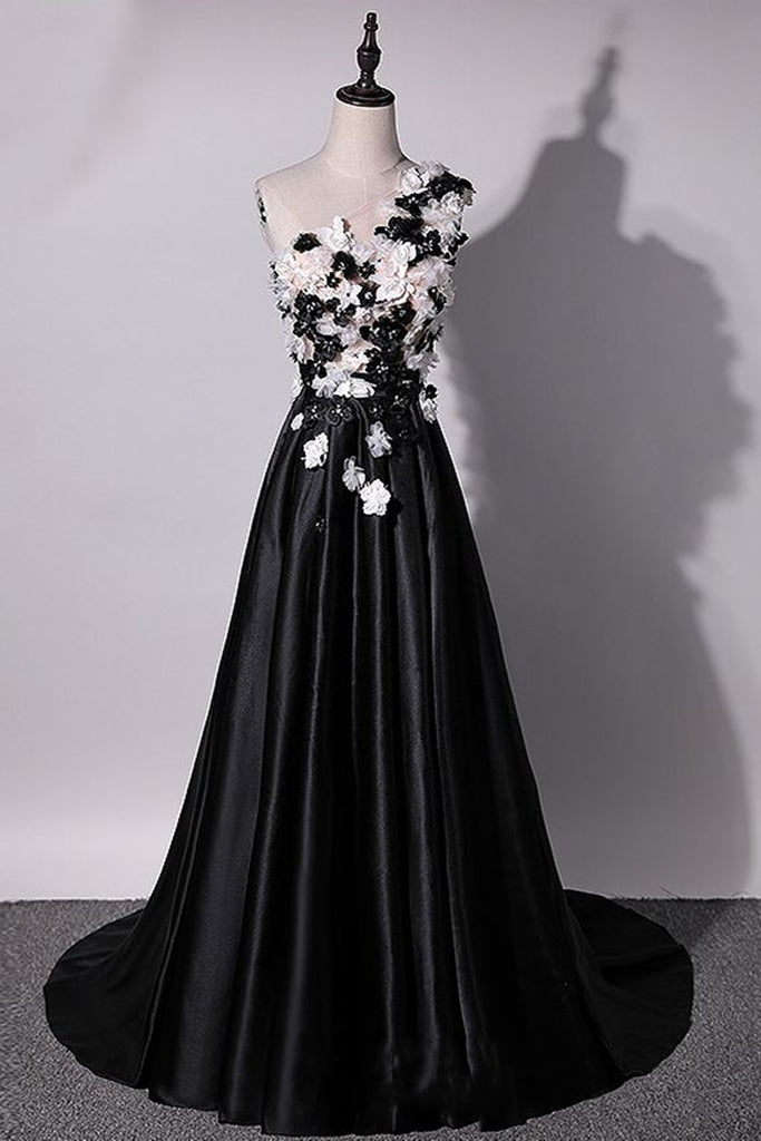 One Shoulder Floral Black Long Prom Dresses, Black Floral Formal Dress Eip Collection One Shoulder Floral Black Long Prom Dresses, Black Floral Formal Dress Eip Collection