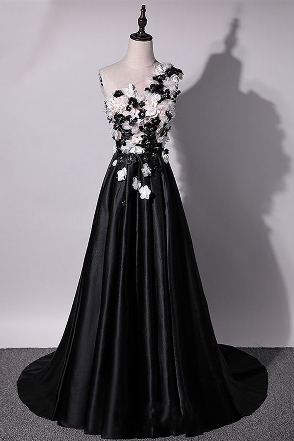 One Shoulder Floral Black Long Prom Dresses Black Floral Formal