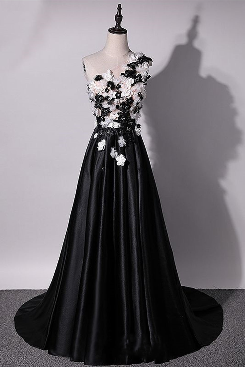 One Shoulder Floral Black Long Prom Dresses, Black Floral Formal Dresses, Black Evening Dresses EP1632
