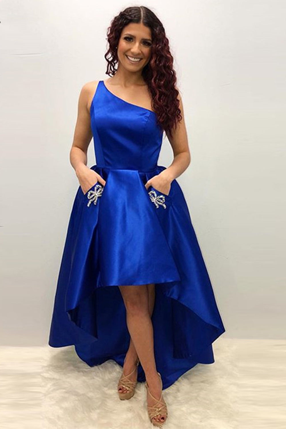 One Shoulder High Low Royal Blue Satin Prom Dresses, High Low Royal Blue Formal Graduation Evening Dresses EP1639