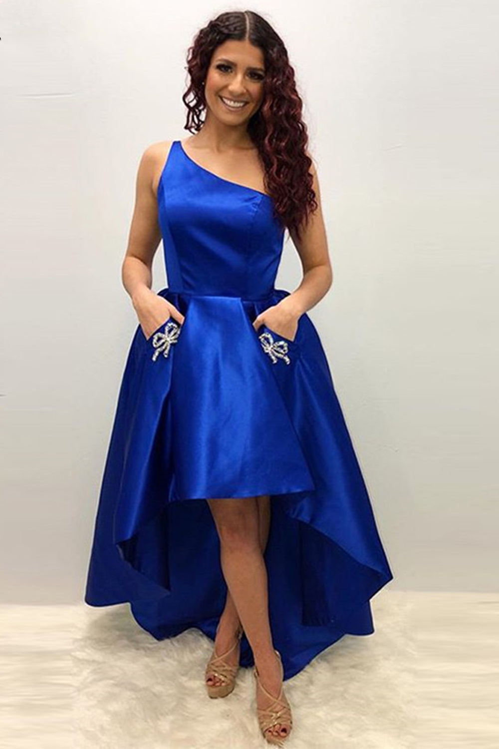 One Shoulder High Low Royal Blue Satin Prom Dresses, High Low Royal Bl Eip Collection One Shoulder High Low Royal Blue Satin Prom Dresses, High Low Royal Bl Eip Collection