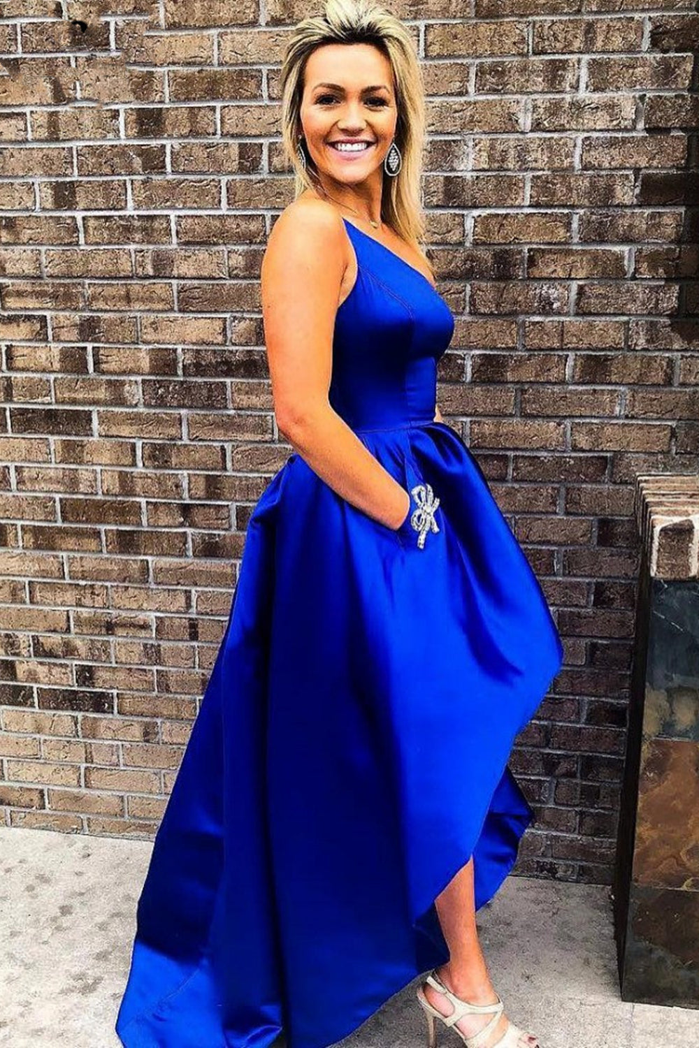 One Shoulder High Low Royal Blue Satin Prom Dresses, High Low Royal Bl – Eip Collection