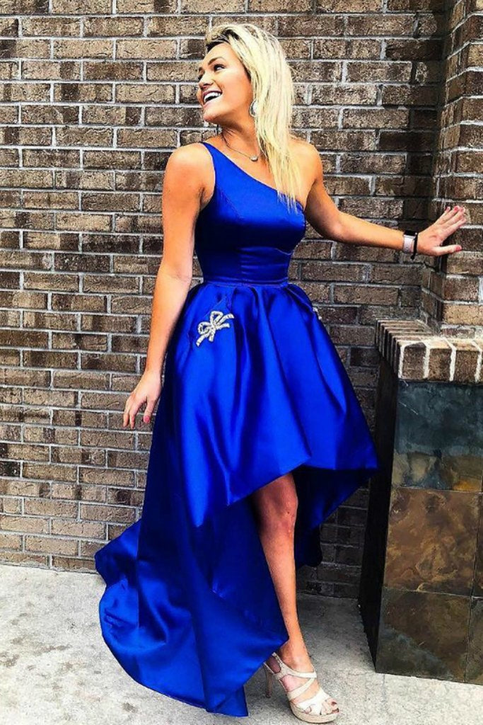 One Shoulder High Low Royal Blue Satin Prom Dresses, High Low Royal Bl – Eip Collection