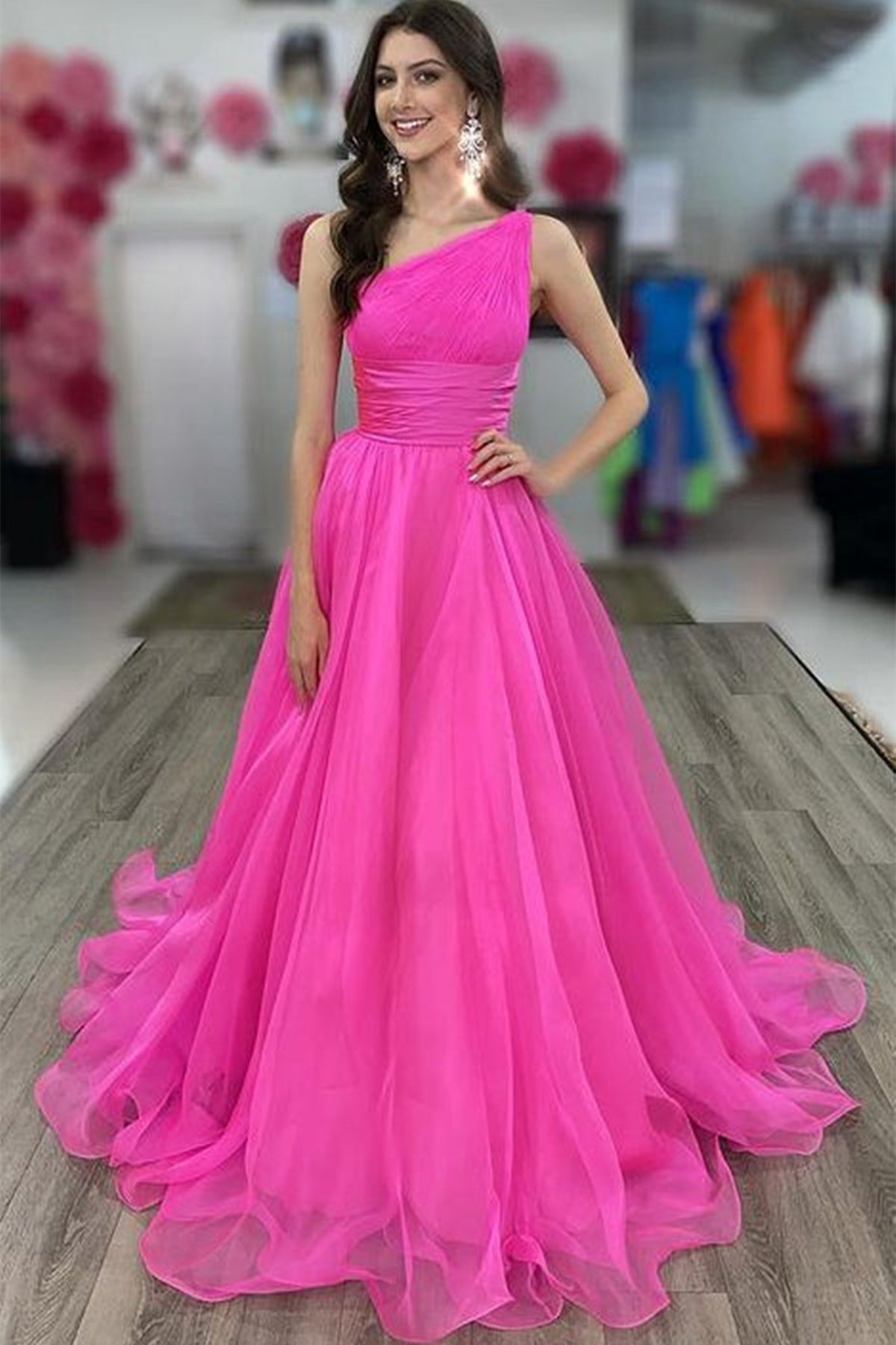One Shoulder Hot Pink Tulle Long Prom Dresses, Hot Pink Formal Graduat Eip Collection One Shoulder Hot Pink Tulle Long Prom Dresses, Hot Pink Formal Graduat Eip Collection