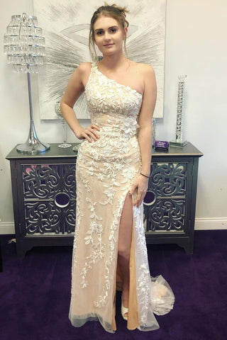 One Shoulder Mermaid Backless Champagne Lace Long Prom Dresses with High Slit, Mermaid Champagne Formal Dresses, Champagne Lace Evening Dresses EP1588