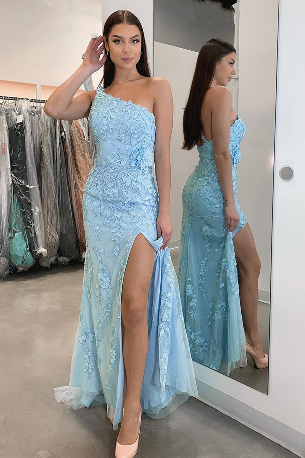 One Shoulder Mermaid Light Blue Lace Long Prom Dresses, Open Back Blue Lace Formal Graduation Evening Dresses EP1607