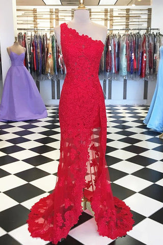 One Shoulder Mermaid Red Lace Prom Dresses with High Slit, Mermaid Red Formal Dresses, Red Lace Evening Dresses EP1468