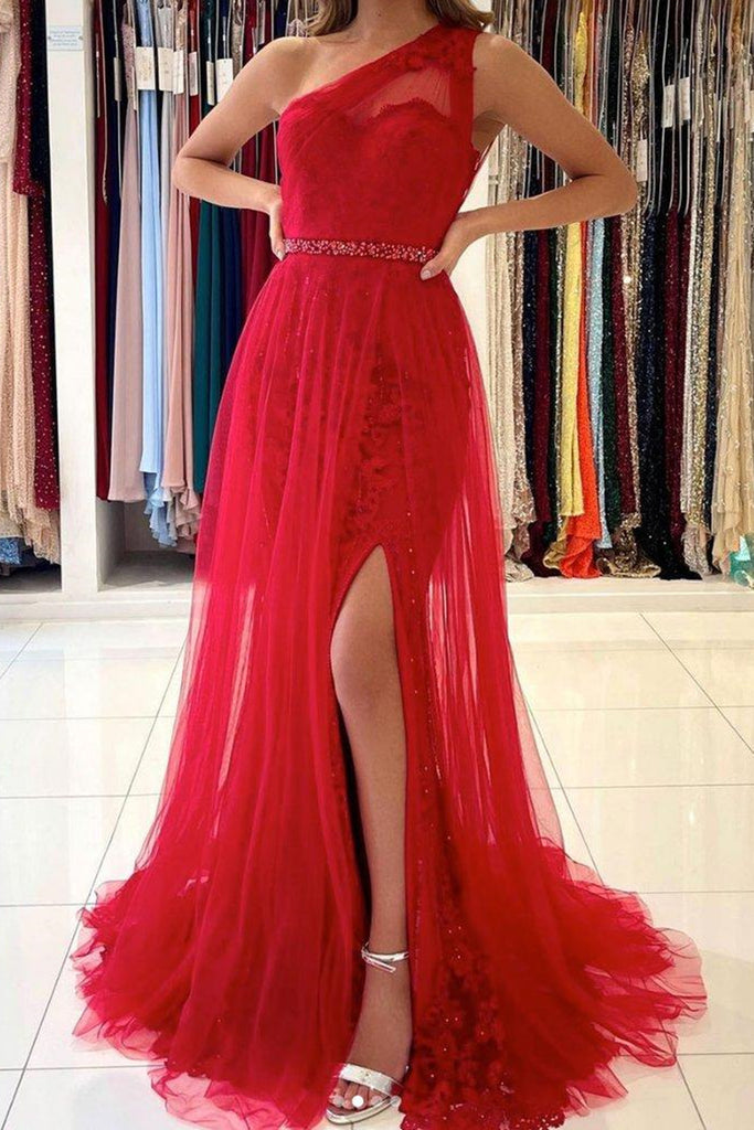 One Shoulder Mermaid Red Lace Prom Dresses with Slit, Mermaid Red Form Eip Collection One Shoulder Mermaid Red Lace Prom Dresses with Slit, Mermaid Red Form Eip Collection
