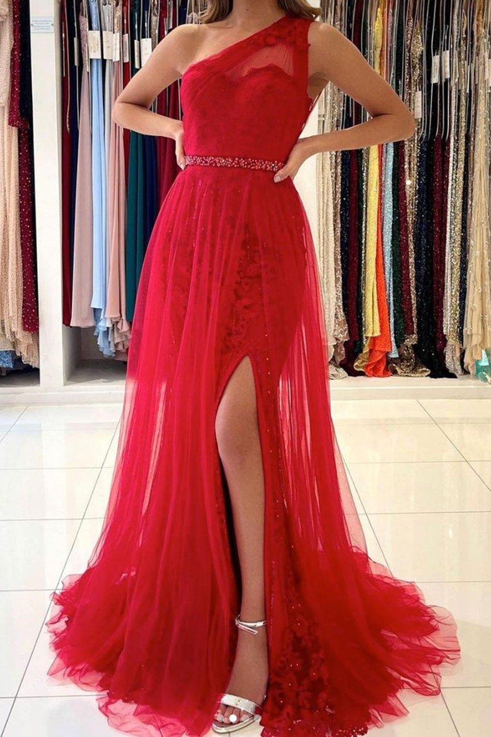 One Shoulder Mermaid Red Lace Prom Dresses with Slit, Mermaid Red Formal Dresses, Red Lace Evening Dresses EP1442